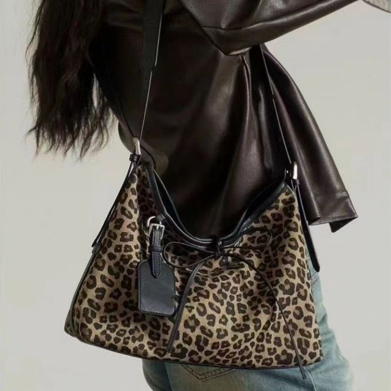 Vintage Leopard Shoulder Bag Women'S Crossbody Bag Large Capacity Tote Designer Luxury Soft Leather Handbag with Wallet