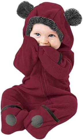 Newborn Baby Fleece Footed Jumpsuit with Bear Ear Hood