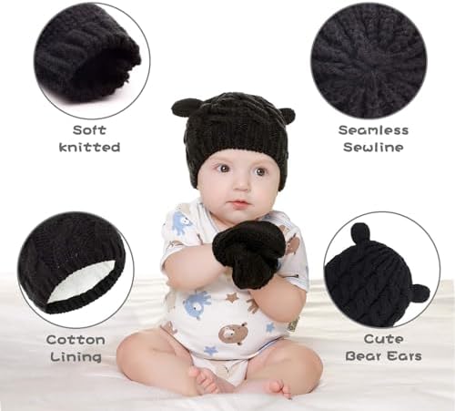 RAOEXI Winter Baby Hat Set Soft Stretchy Mitten Set with Cute Bear Design