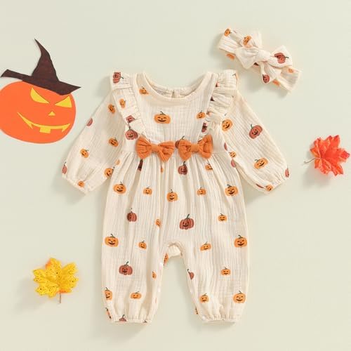 Cute Halloween Baby Girl Outfit Adorable Bats Romper with Pumpkin Design