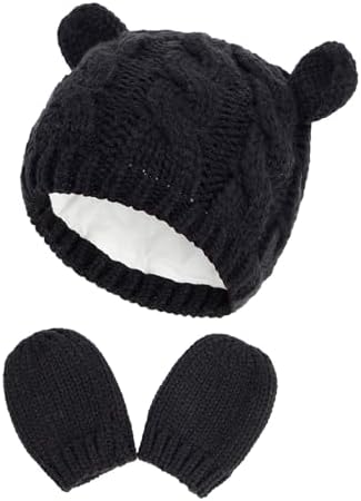 RAOEXI Winter Baby Hat Set Soft Stretchy Mitten Set with Cute Bear Design