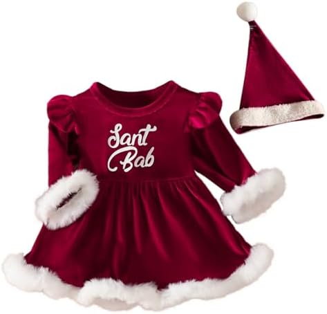 Little Sprites Scheme Christmas Dress Set with Velvet Romper Santa Hat - 2Pcs