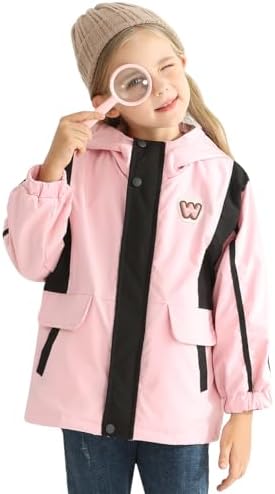 Girls waterproof windbreaker fleece jacket with padded hood and pockets