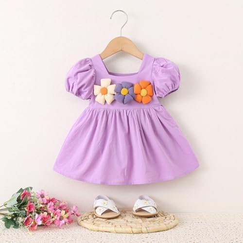 Beessbest 3D Flower Puff Sleeve Dress for Baby Toddler Girls Summer Playwear