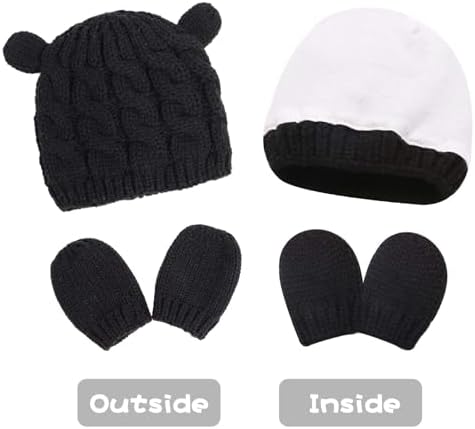 RAOEXI Winter Baby Hat Set Soft Stretchy Mitten Set with Cute Bear Design