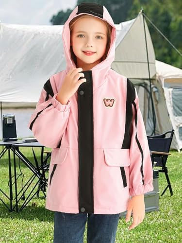 Girls waterproof windbreaker fleece jacket with padded hood and pockets