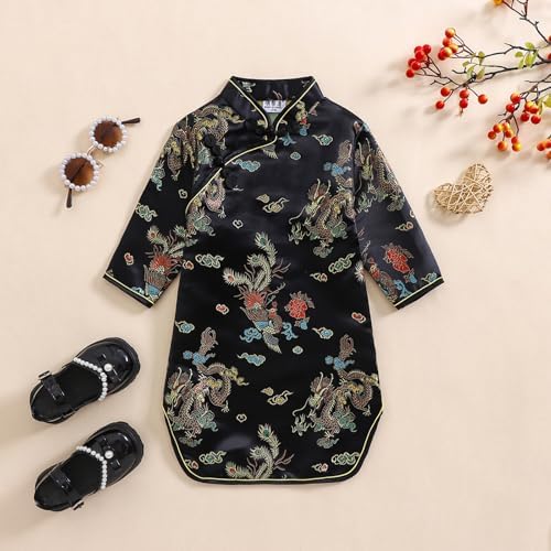 GirlsChinese New Year Peony Long Sleeve Qipao Dress for Kids