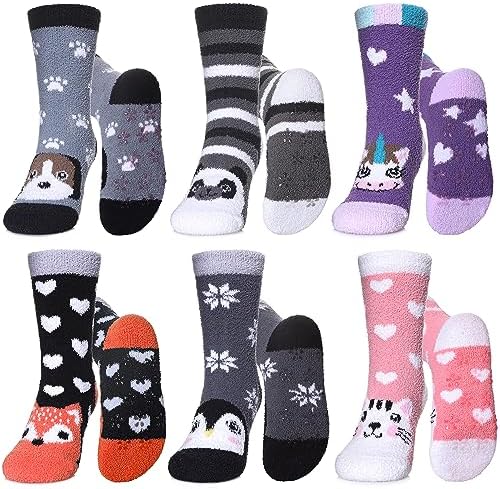LINEMIN Kids Fuzzy Socks 6 Pairs Non-Slip Warm