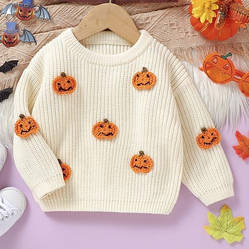 Halloween Sweater for Girls Toddler Cute Knit Sweater with Embroidered Pumpkins