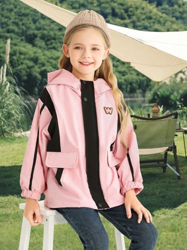 Girls waterproof windbreaker fleece jacket with padded hood and pockets