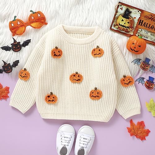Halloween Sweater for Girls Toddler Cute Knit Sweater with Embroidered Pumpkins