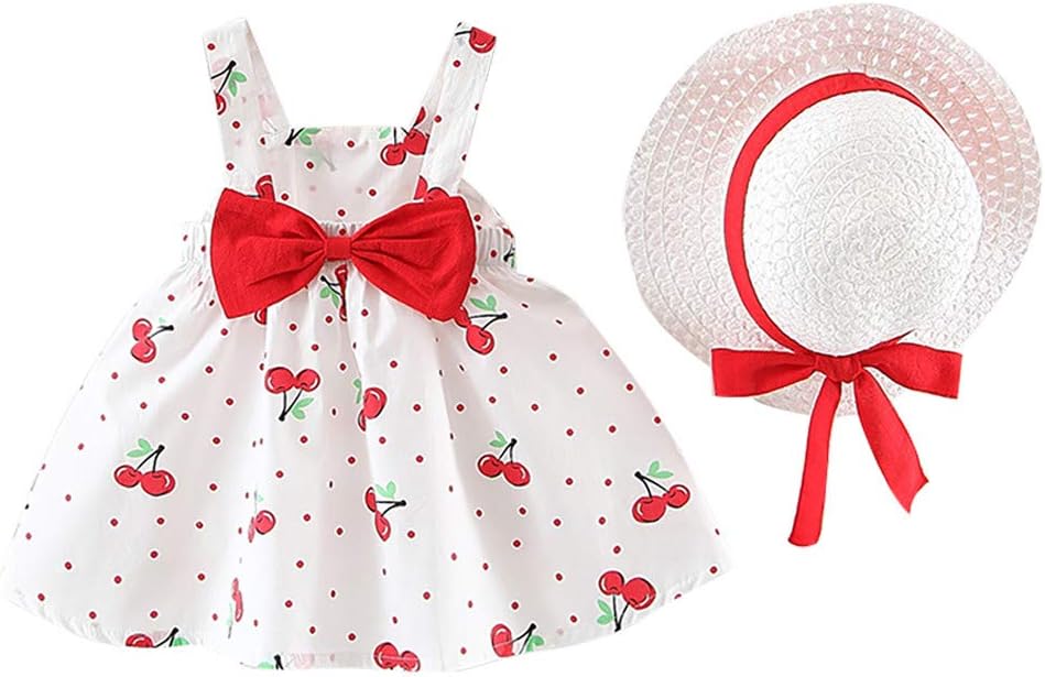 AMIMOJY Bow Kids Dresses Girls Hat Toddler Sleeveless Outfits
