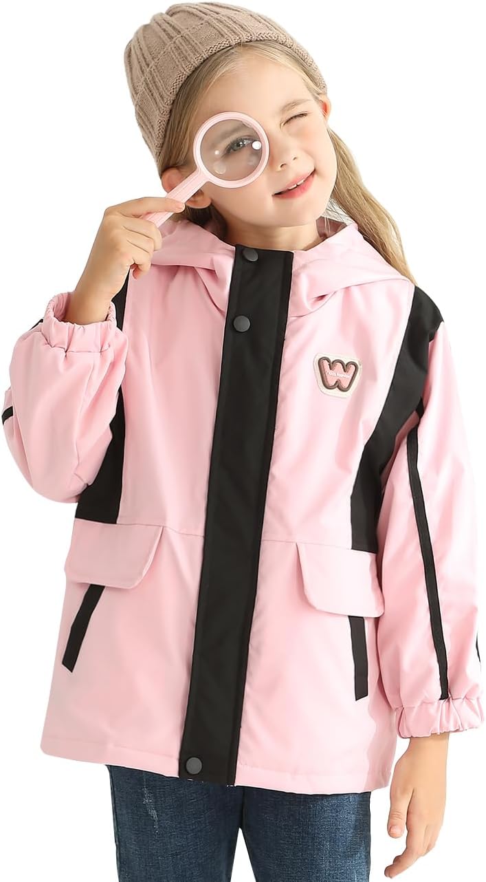 Girls waterproof windbreaker fleece jacket with padded hood and pockets