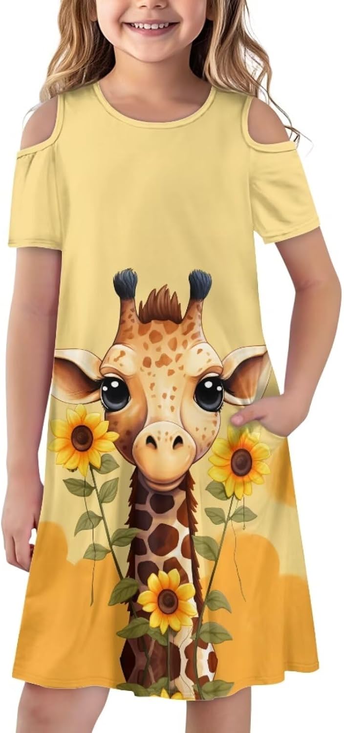 Xpyiqun Summer Party Dresses for Girls 3-14 Off-Shoulder Swing Transmission