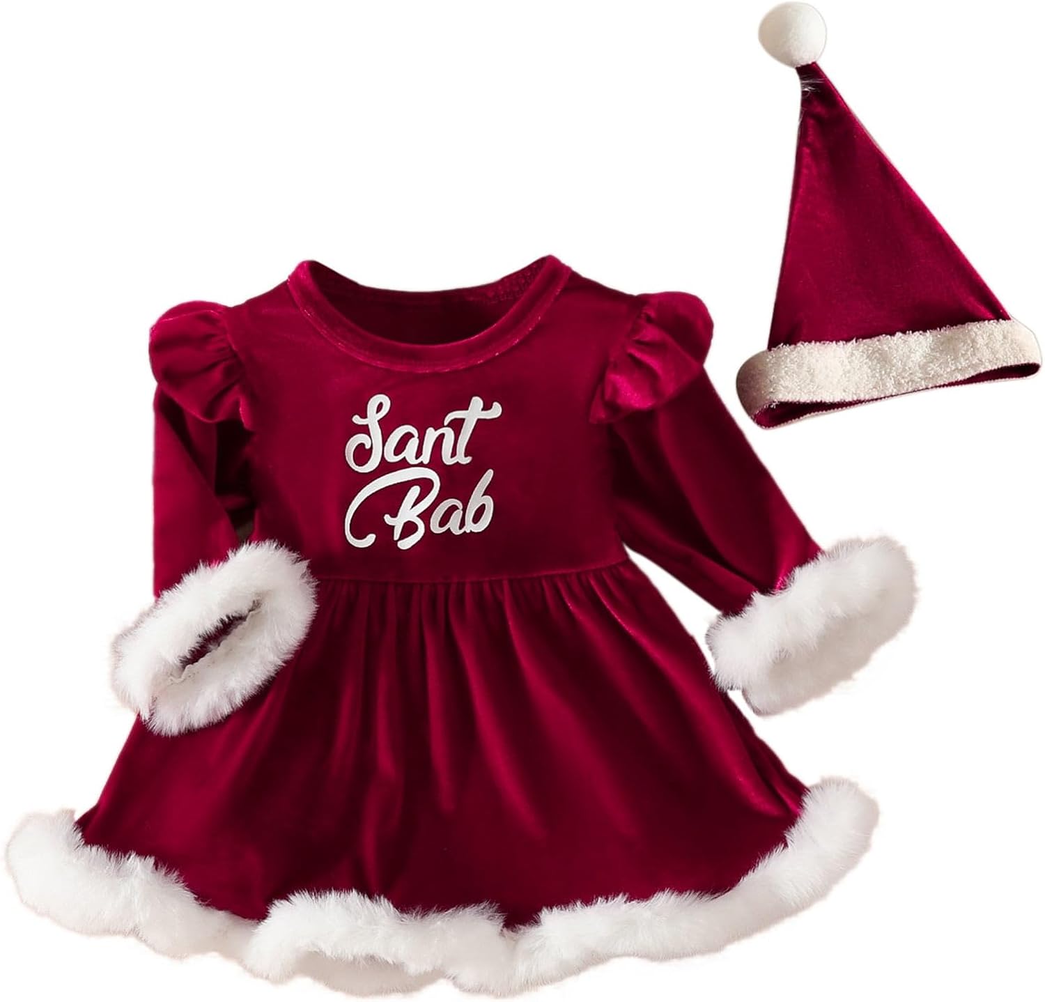 Little Sprites Scheme Christmas Dress Set with Velvet Romper Santa Hat - 2Pcs