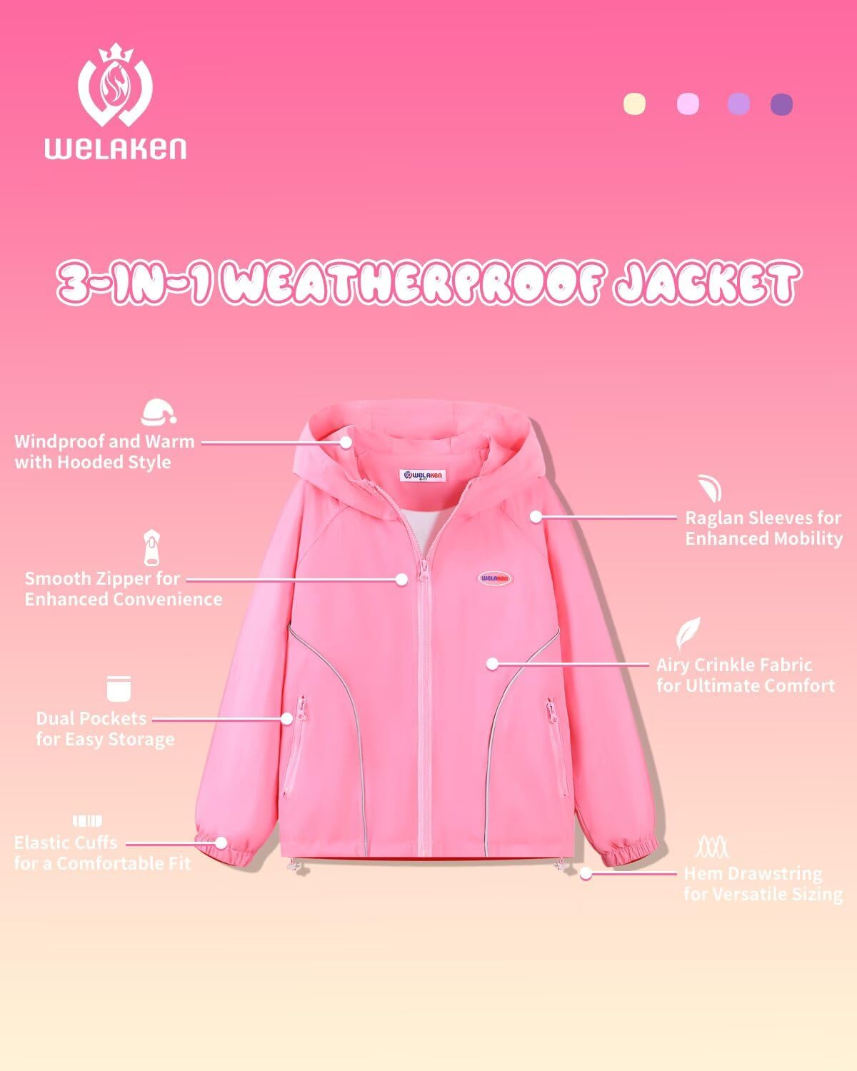 WELAKEN Kids Lightweight Hooded Rain Jacket