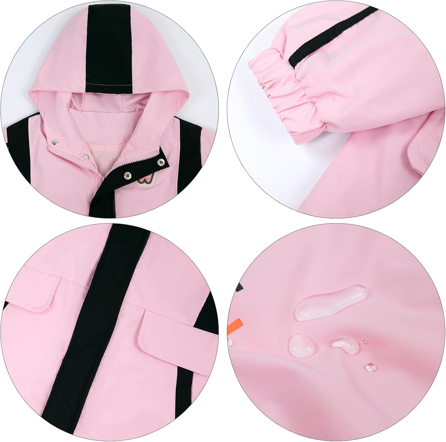 Girls waterproof windbreaker fleece jacket with padded hood and pockets