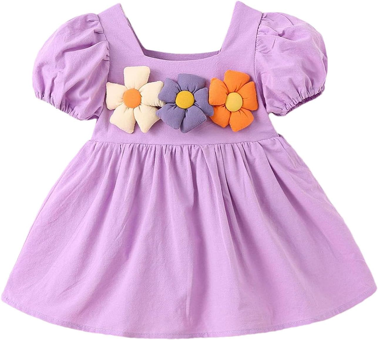 Beessbest 3D Flower Puff Sleeve Dress for Baby Toddler Girls Summer Playwear