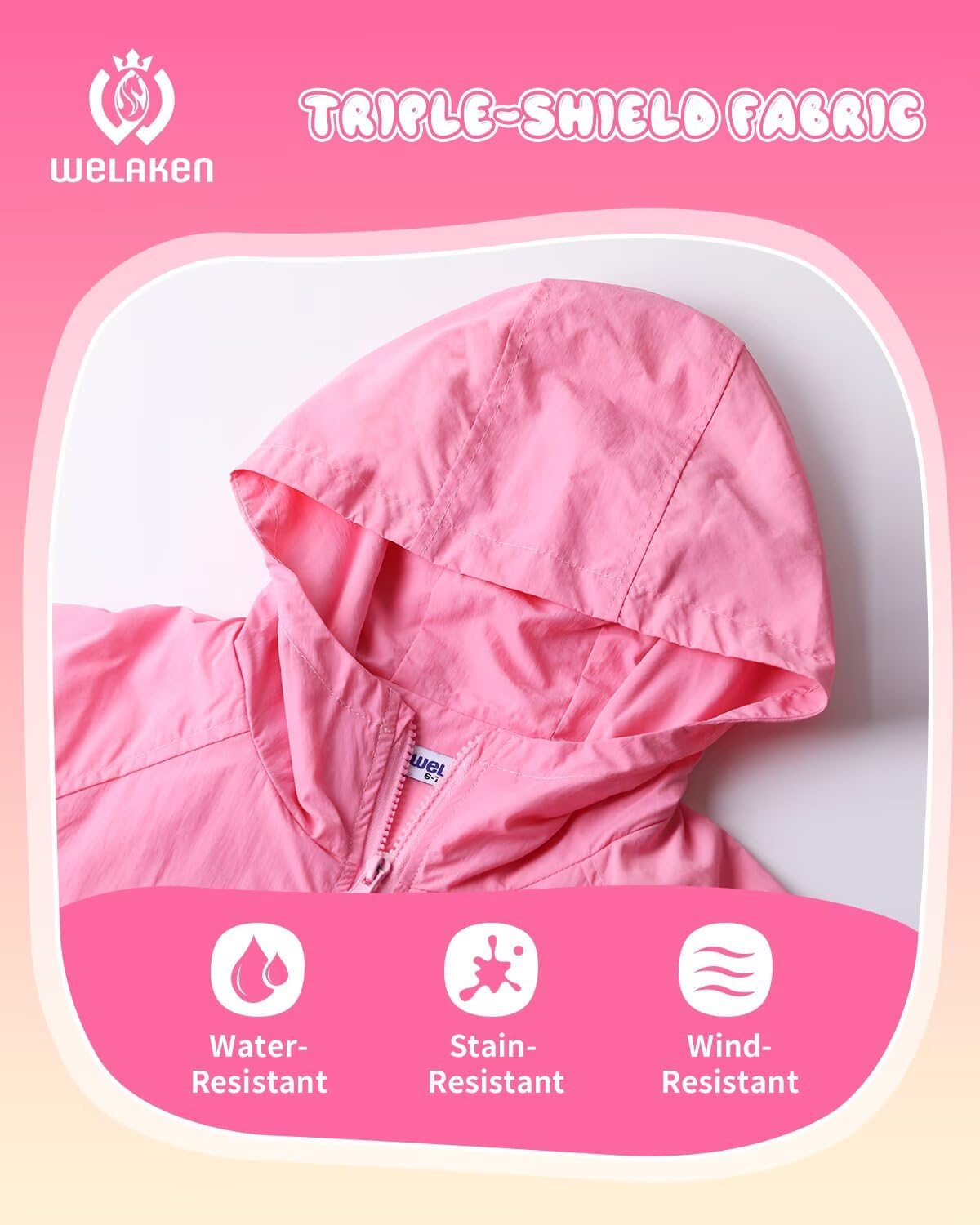 WELAKEN Kids Lightweight Hooded Rain Jacket