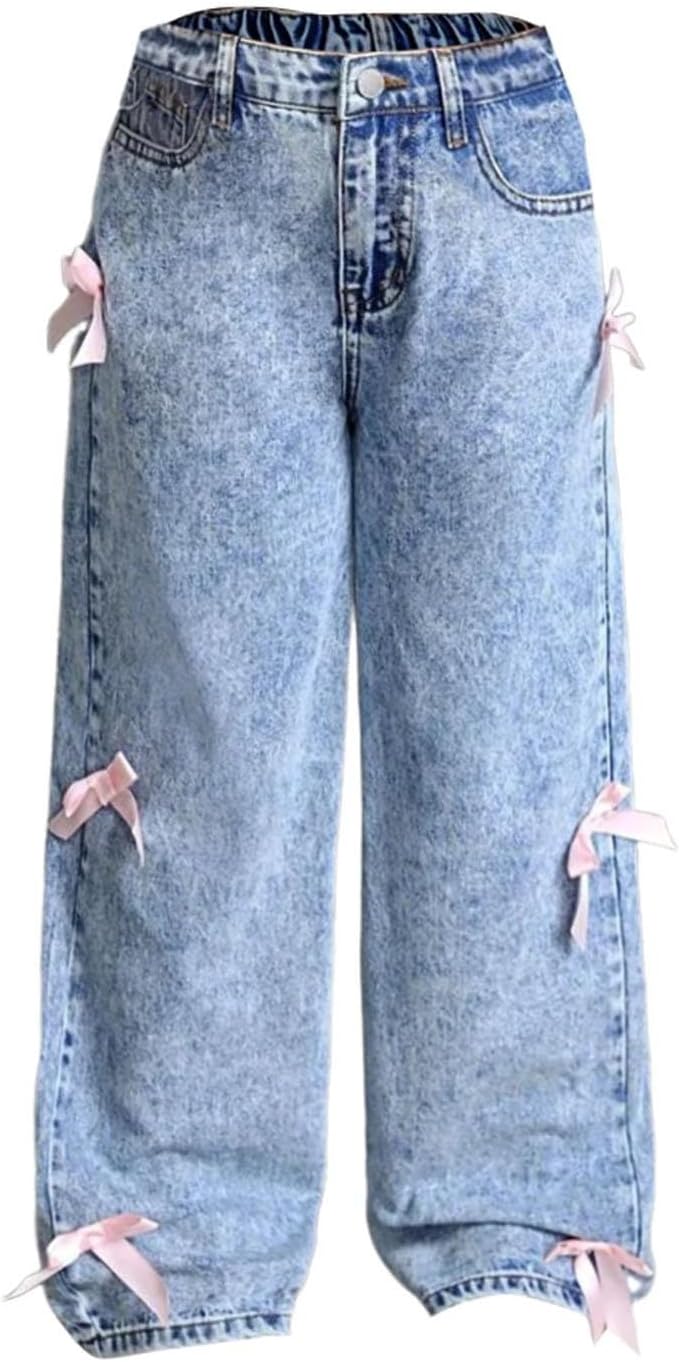 Cute Bow Tie Denim Jeans for Girls with Elastic Waist Premium Soft