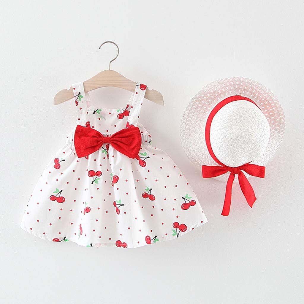 AMIMOJY Bow Kids Dresses Girls Hat Toddler Sleeveless Outfits