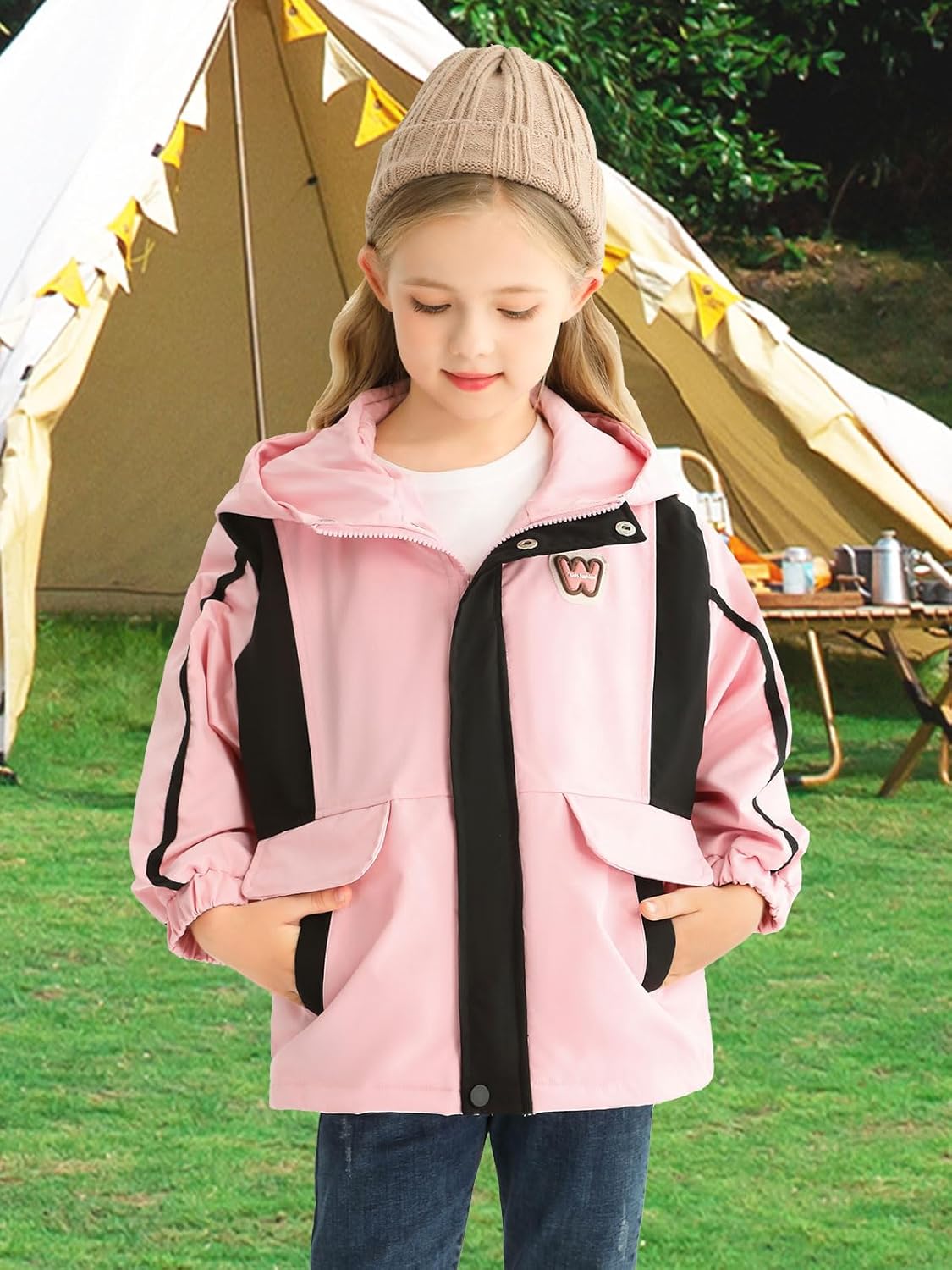 Girls waterproof windbreaker fleece jacket with padded hood and pockets