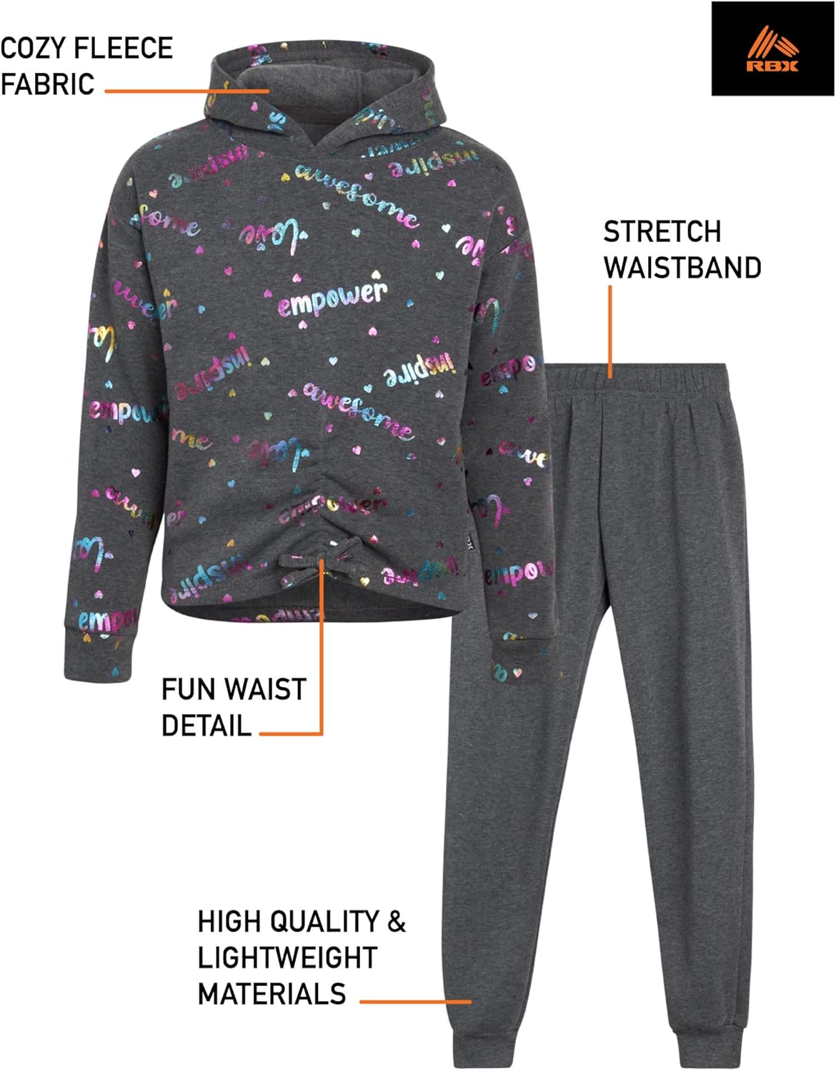 RBX Girls Active Tracksuit Set - Soft Fleece Hoodie Joggers