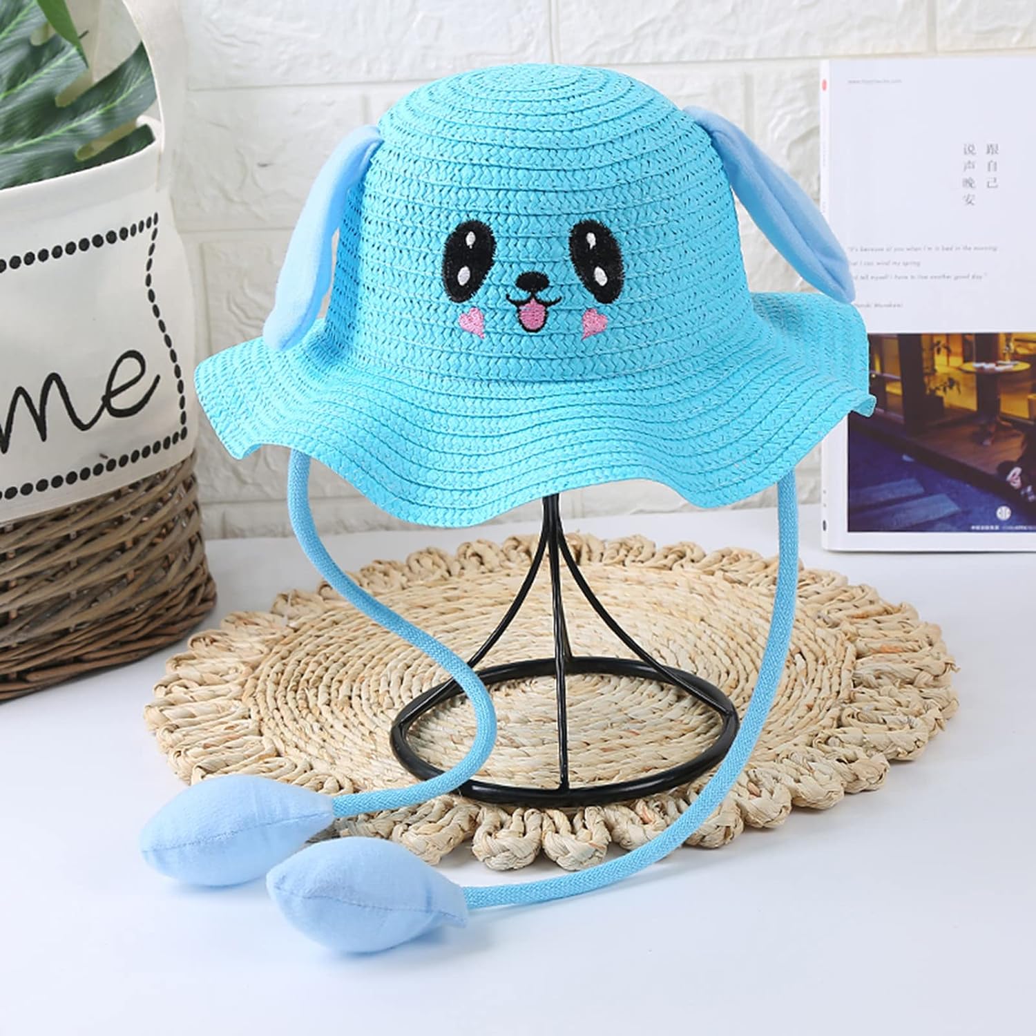 UPF 50 Toddler Straw Sun Hat with Moving Ears Adjustable Cotton Bucket