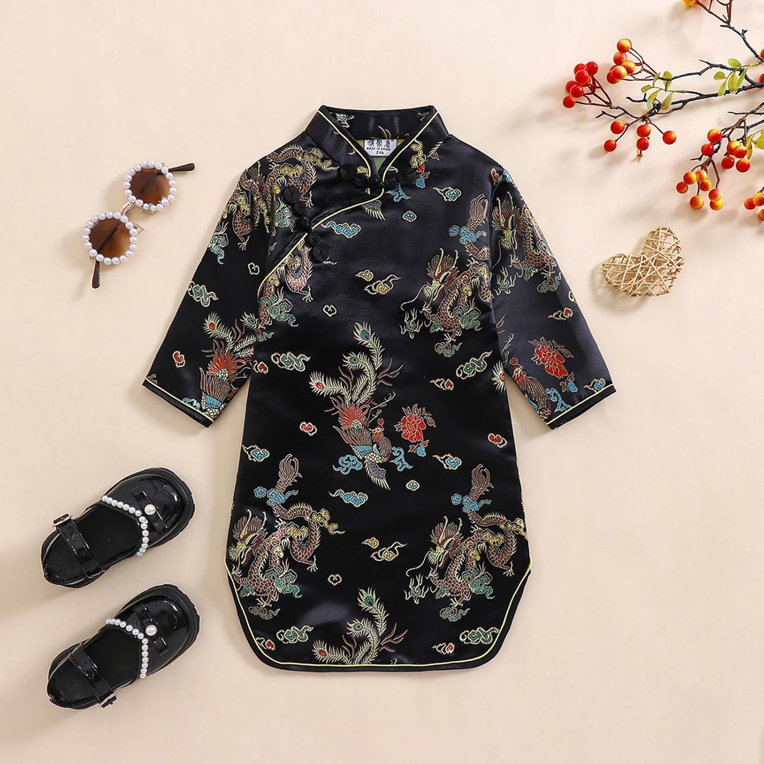 GirlsChinese New Year Peony Long Sleeve Qipao Dress for Kids