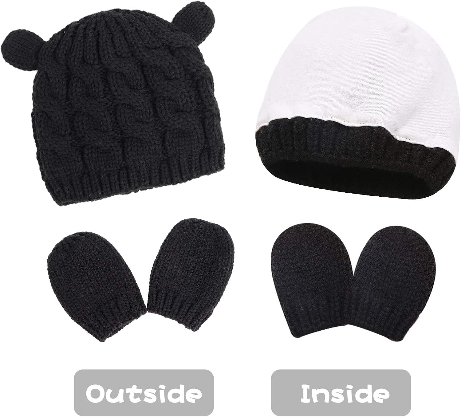 RAOEXI Winter Baby Hat Set Soft Stretchy Mitten Set with Cute Bear Design