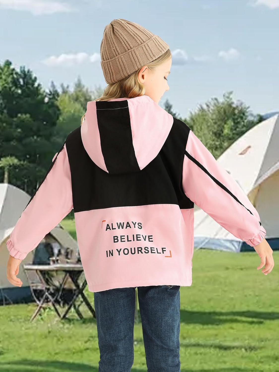 Girls waterproof windbreaker fleece jacket with padded hood and pockets