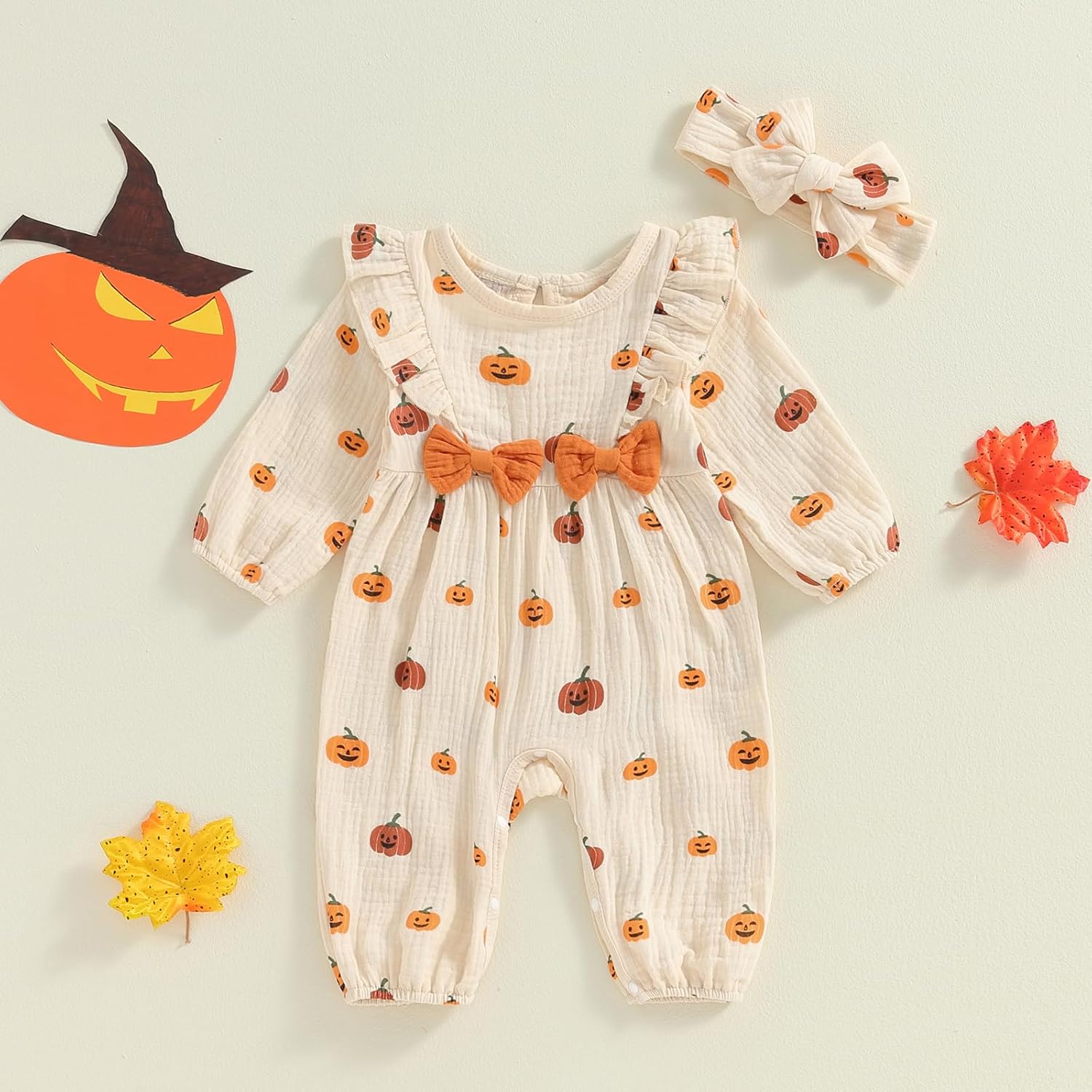 Cute Halloween Baby Girl Outfit Adorable Bats Romper with Pumpkin Design