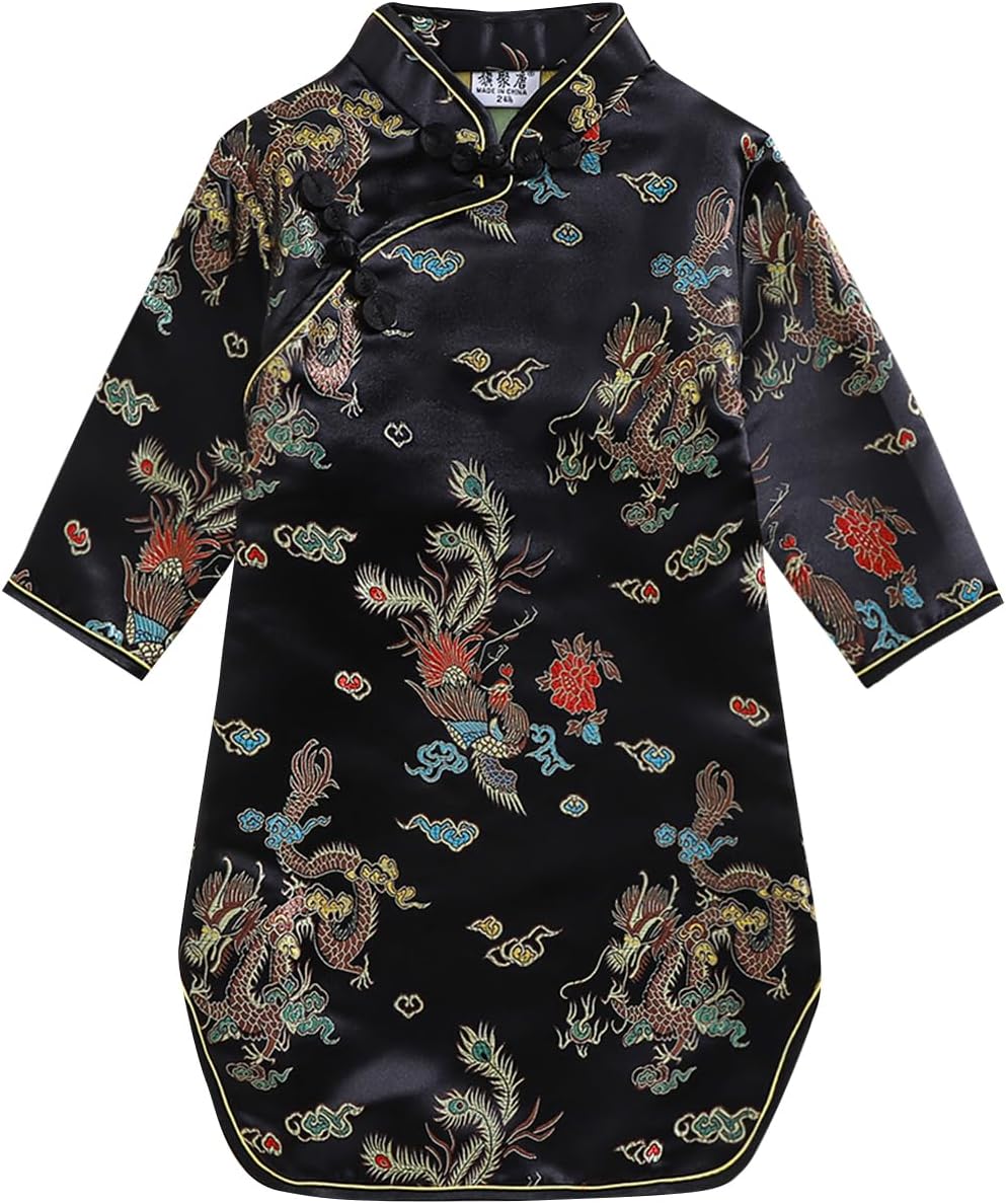 GirlsChinese New Year Peony Long Sleeve Qipao Dress for Kids