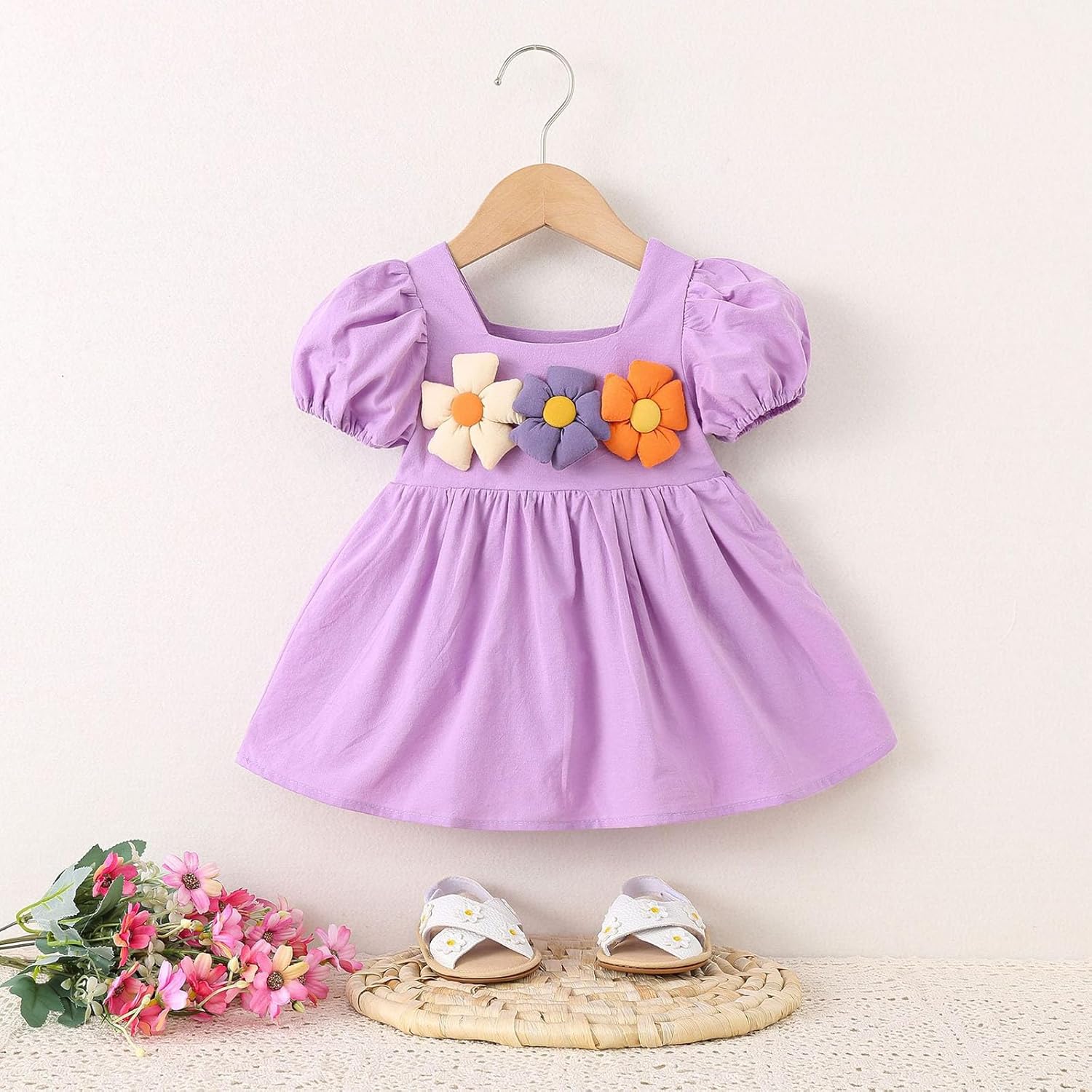 Beessbest 3D Flower Puff Sleeve Dress for Baby Toddler Girls Summer Playwear