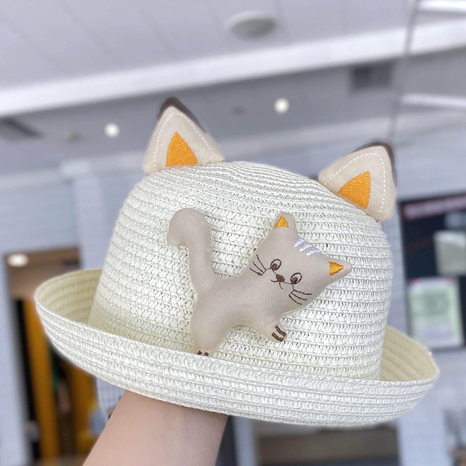 Childrens Summer Cat Style Straw Hat for Girls Boys UPF 50