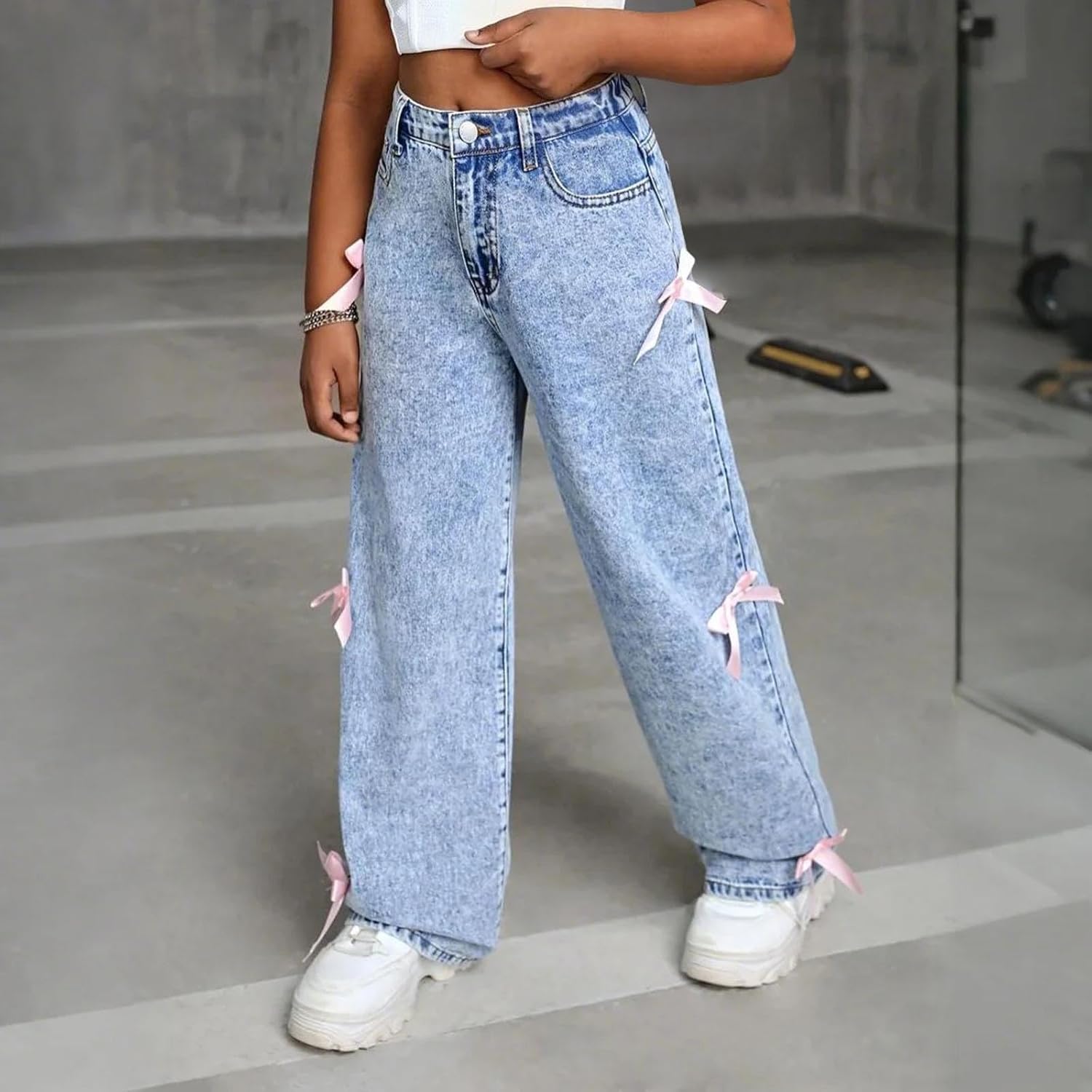 Cute Bow Tie Denim Jeans for Girls with Elastic Waist Premium Soft