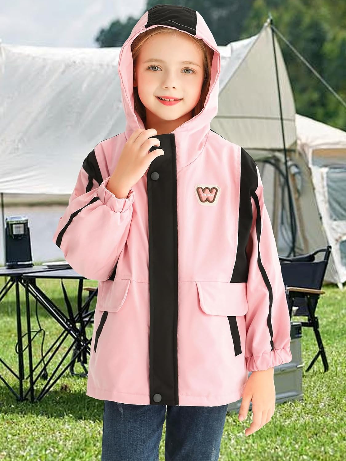 Girls waterproof windbreaker fleece jacket with padded hood and pockets