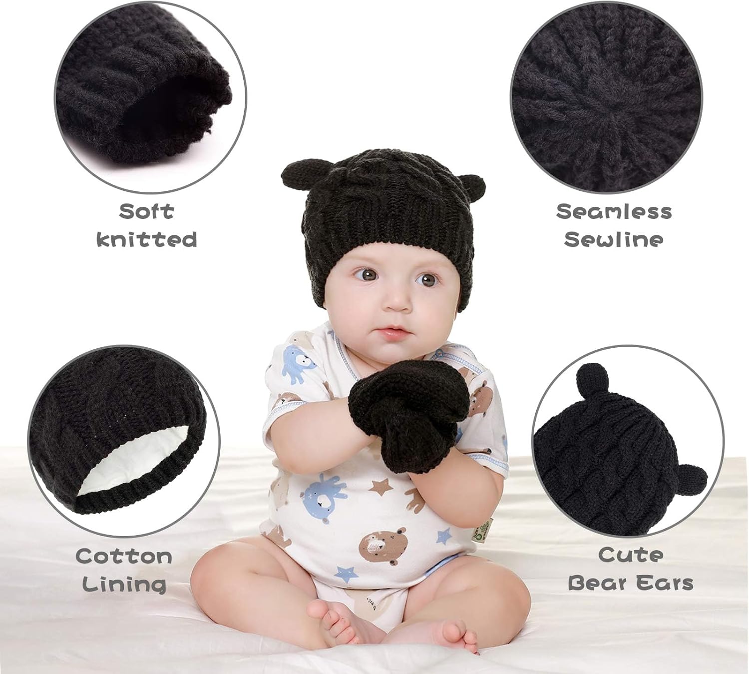 RAOEXI Winter Baby Hat Set Soft Stretchy Mitten Set with Cute Bear Design