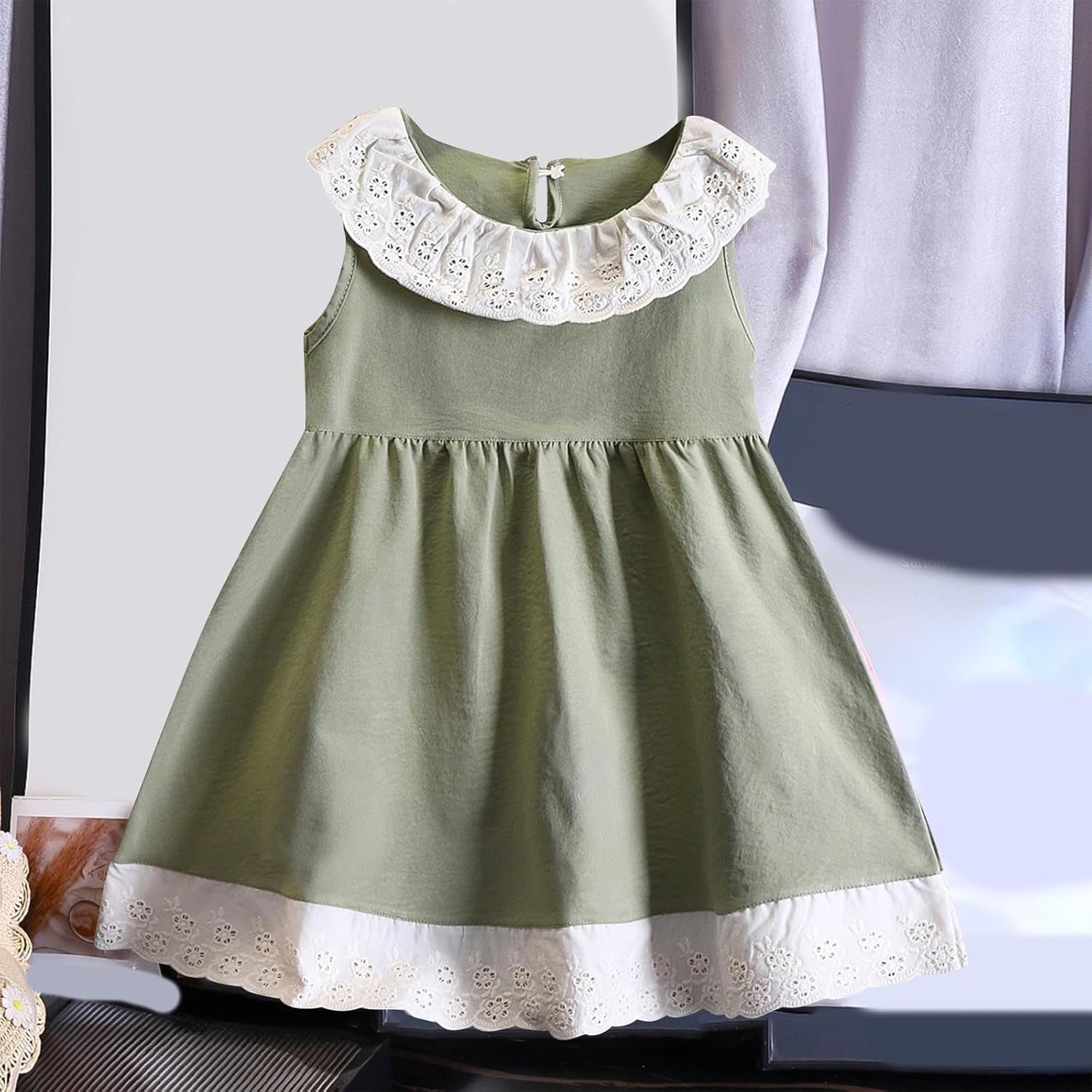 Beessbest Cotton Sleeveless Crewneck Ruffle Sundress for Baby Girls