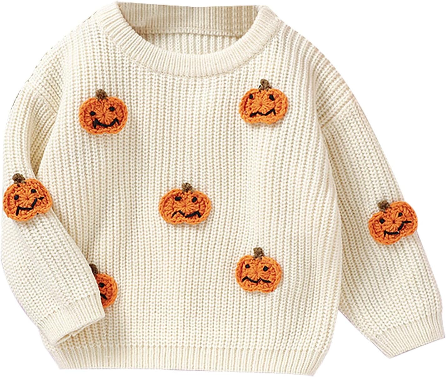 Halloween Sweater for Girls Toddler Cute Knit Sweater with Embroidered Pumpkins