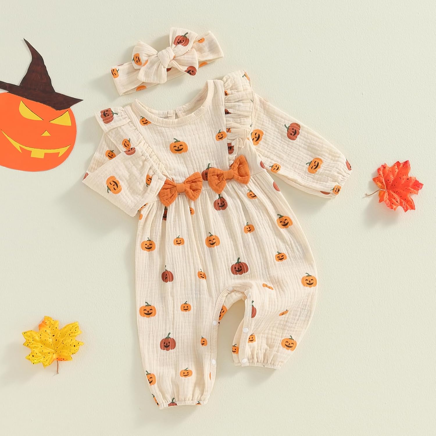 Cute Halloween Baby Girl Outfit Adorable Bats Romper with Pumpkin Design
