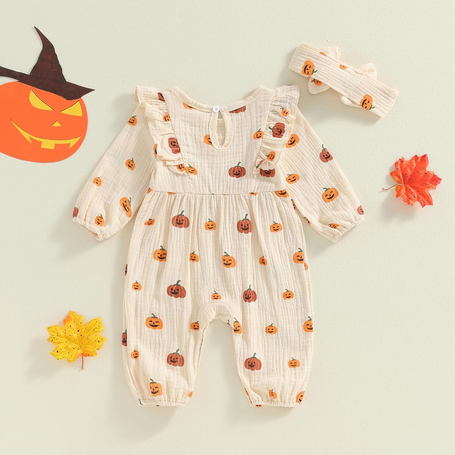 Cute Halloween Baby Girl Outfit Adorable Bats Romper with Pumpkin Design