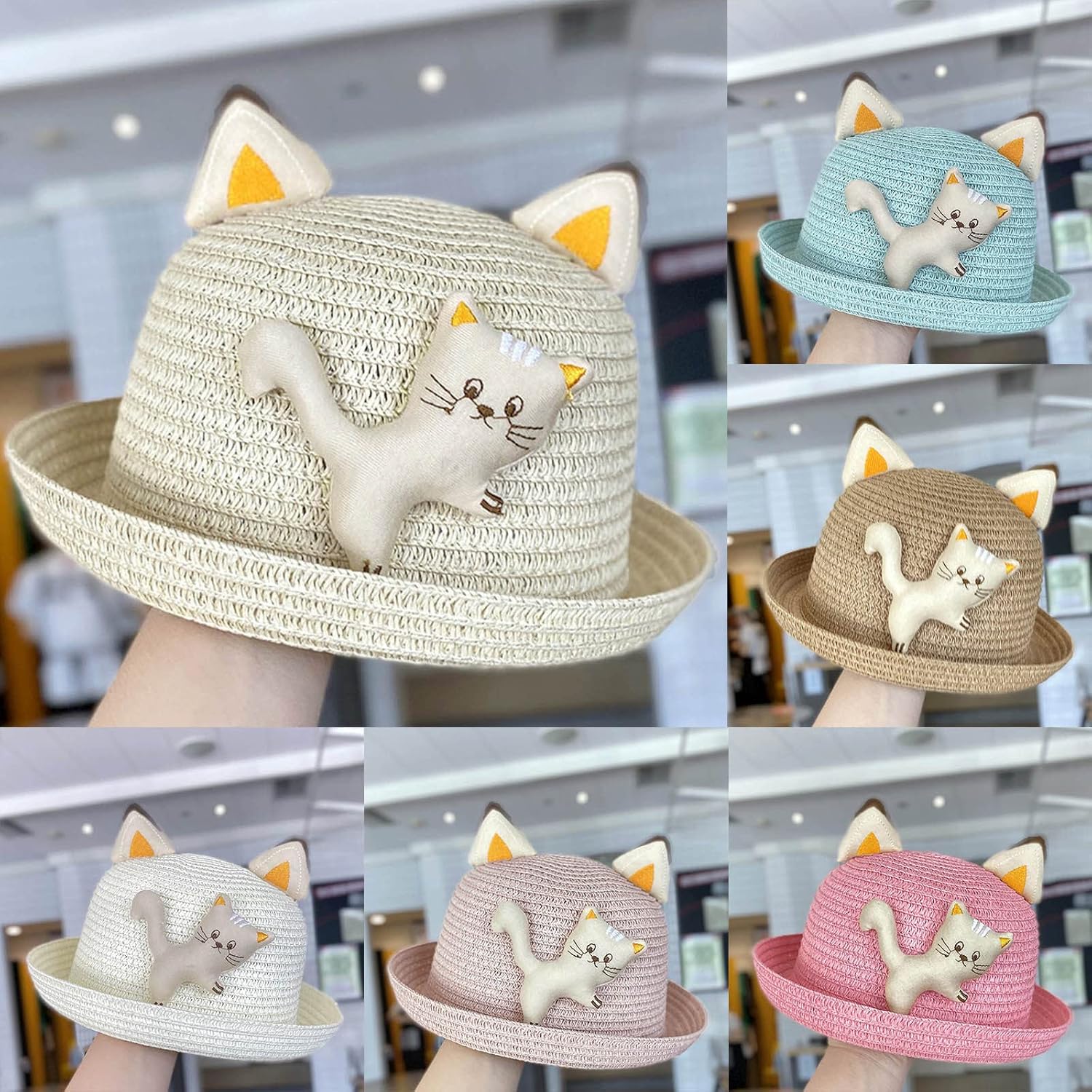 Childrens Summer Cat Style Straw Hat for Girls Boys UPF 50