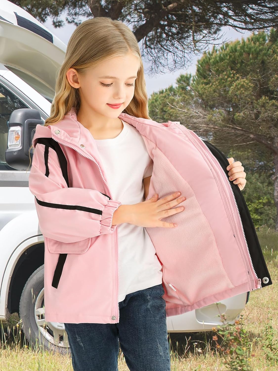 Girls waterproof windbreaker fleece jacket with padded hood and pockets