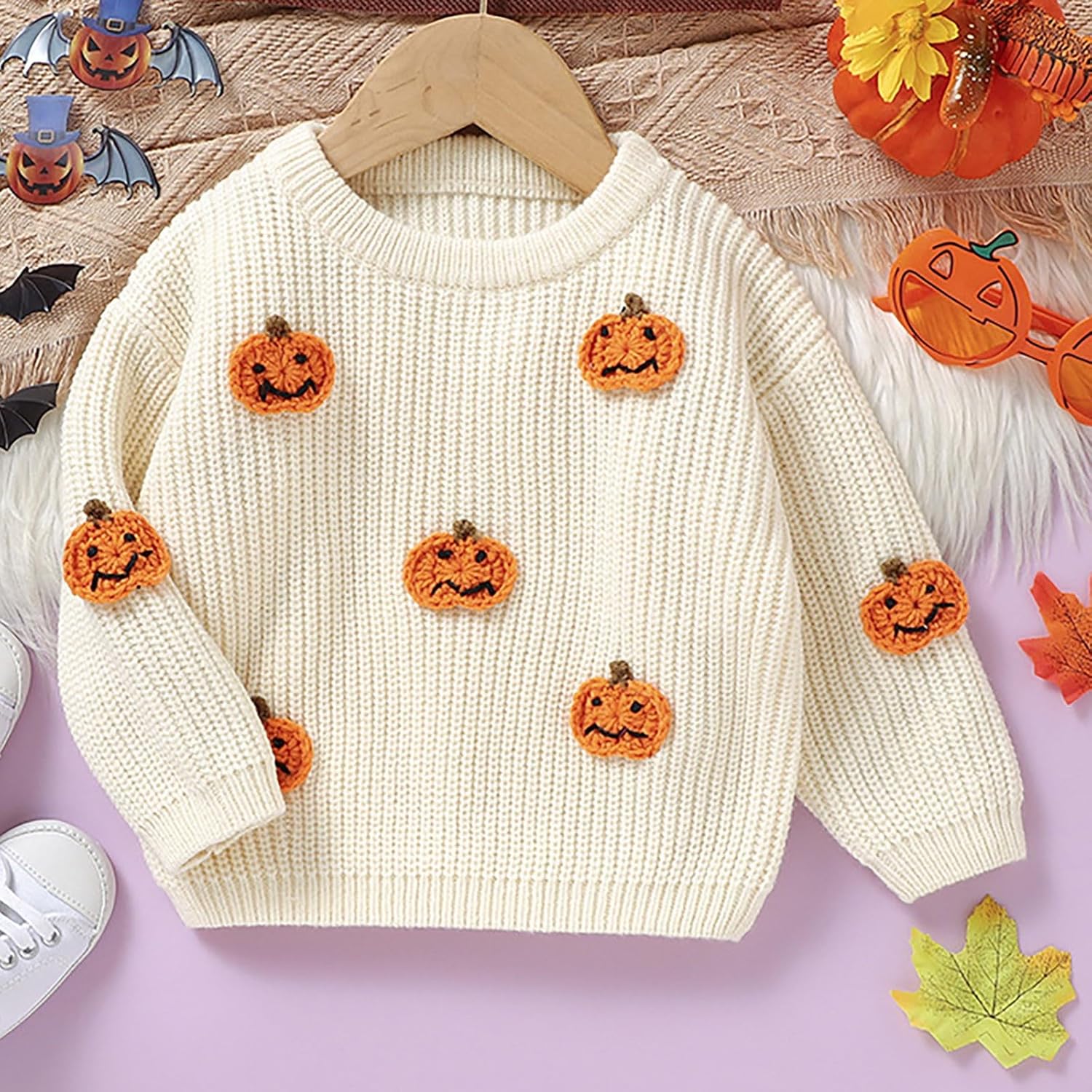 Halloween Sweater for Girls Toddler Cute Knit Sweater with Embroidered Pumpkins