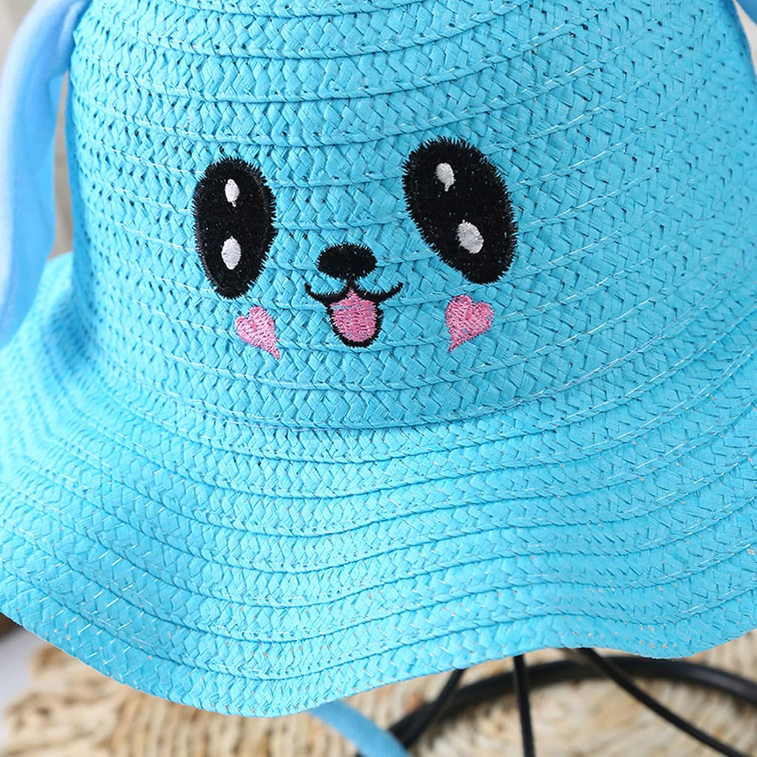UPF 50 Toddler Straw Sun Hat with Moving Ears Adjustable Cotton Bucket