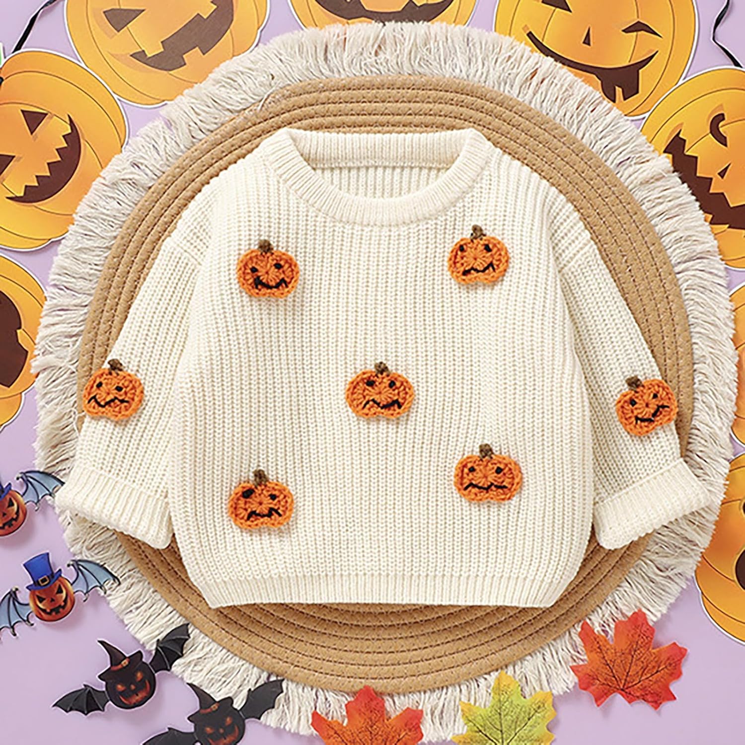 Halloween Sweater for Girls Toddler Cute Knit Sweater with Embroidered Pumpkins