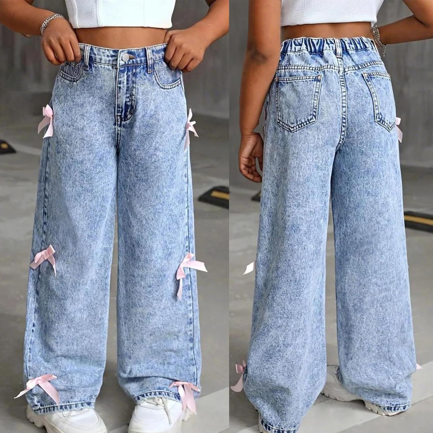Cute Bow Tie Denim Jeans for Girls with Elastic Waist Premium Soft