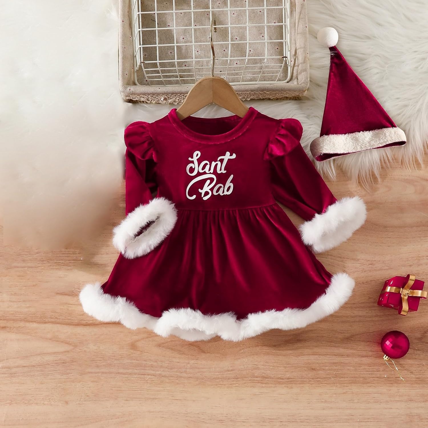 Little Sprites Scheme Christmas Dress Set with Velvet Romper Santa Hat - 2Pcs