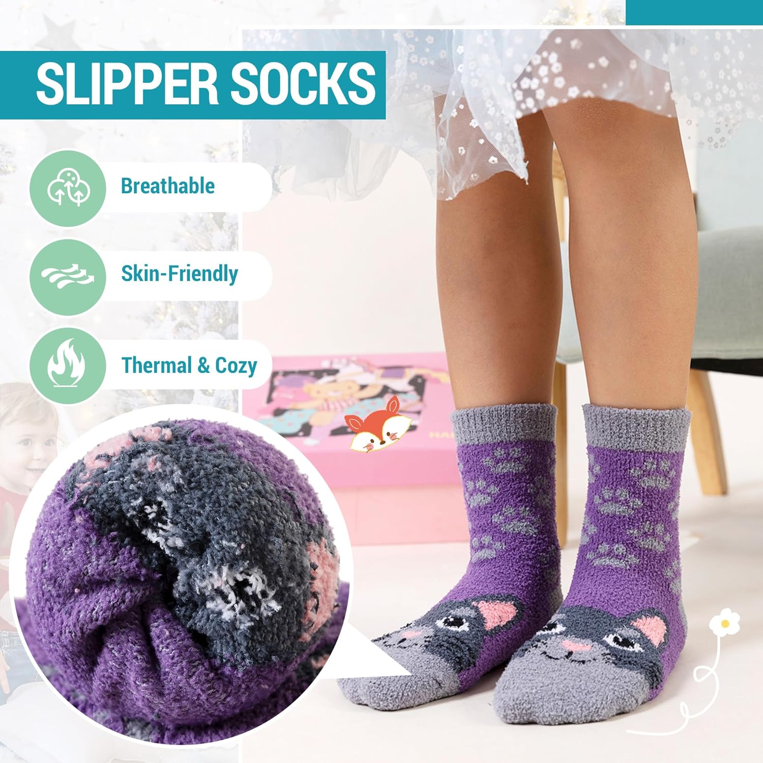 Eecom Kids Fuzzy Slipper Socks with Grips